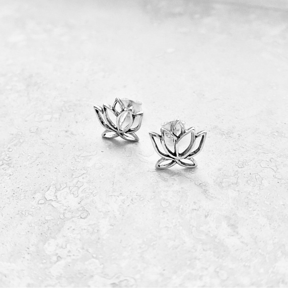 Sterling Silver Cut Out Lotus Stud Earring, Yoga Earrings, Spirit Flower Jewelry - Picture 2 of 8